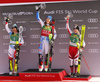 Winner Petra Vlhova of Slovakia (M), second placed Wendy Holdener of Switzerland (L) and third placed Katharina Truppe of Austria (R) celebrate their medals won in the women slalom race of the Audi FIS Alpine skiing World cup in Kranjska Gora, Slovenia. Women Golden Fox trophy slalom race of Audi FIS Alpine skiing World cup 2019-2020, was transferred from Maribor to Kranjska Gora, Slovenia, and was held on Sunday, 16th of February 2020.
