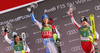 Winner Petra Vlhova of Slovakia (M), second placed Wendy Holdener of Switzerland (L) and third placed Katharina Truppe of Austria (R) celebrate their medals won in the women slalom race of the Audi FIS Alpine skiing World cup in Kranjska Gora, Slovenia. Women Golden Fox trophy slalom race of Audi FIS Alpine skiing World cup 2019-2020, was transferred from Maribor to Kranjska Gora, Slovenia, and was held on Sunday, 16th of February 2020.
