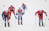 Lucas Chanavat of France, Calle Halfvarsson of Sweden and Johannes Hoesflot Klaebo of Norway skiing in men finals of the Cross country skiing sprint race of FIS Nordic skiing World Championships 2023 in Planica, Slovenia. Cross country skiing sprint race of FIS Nordic skiing World Championships 2023 were held in Planica Nordic Center in Planica, Slovenia, on Thursday, 23rd of February 2023.