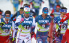 Perttu Hyvarinen of Finland and Calle Halfvarsson of Sweden  skiing in men cross country skiing skiathlon (15km classic and 15km free) race of FIS Nordic skiing World Championships 2023 in Planica, Slovenia. Cross country skiing skiathlon race of FIS Nordic skiing World Championships 2023 were held in Planica Nordic Center in Planica, Slovenia, on Friday, 24th of February 2023.