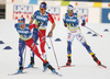 Jules Lapierre of France, Clement Parisse of France and Calle Halfvarsson of Sweden skiing in men cross country skiing skiathlon (15km classic and 15km free) race of FIS Nordic skiing World Championships 2023 in Planica, Slovenia. Cross country skiing skiathlon race of FIS Nordic skiing World Championships 2023 were held in Planica Nordic Center in Planica, Slovenia, on Friday, 24th of February 2023.