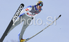 Janne Ahonen of Finland soars through the air during training jump of FIS Ski jumping World Cup finals in Planica, Slovenia. Training session for FIS Ski jumping World cup was held in Planica, Slovenia, on K215 ski flying hill on 14th of March, 2008.  <br> FIS Ski jumping World cup finals were held in Planica, Slovenia between 13th and 16th of March 2008.
