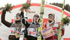 Winner Gregor Schlierenzauer of Austria (M), second placed Janne Ahonen of Finland (L) and third placed Bjoern Einar Romoeren of Norway (R) celebrate their medals won in first race of FIS Ski jumping World Cup finals in Planica, Slovenia. Training and qualification sessions for FIS Ski jumping World cup were held in Planica, Slovenia, on K215 ski flying hill on 14th of March, 2008.  <br> FIS Ski jumping World cup finals were held in Planica, Slovenia between 13th and 16th of March 2008.
