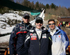 Coach of France team Pekka Niemela (L), coach of Slovenian team Ari-Pekka Nikkola (M), and coach of Japan team Kari Ylianttila (R) before start of training jump of FIS Ski jumping World Cup finals in Planica, Slovenia. Training session for team event of FIS Ski jumping World cup was held in Planica, Slovenia, on K215 ski flying hill on 15th of March, 2008.  <br> FIS Ski jumping World cup finals were held in Planica, Slovenia between 13th and 16th of March 2008.
