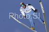 Janne Ahonen of Finland soars through the air during first series of team event of FIS Ski jumping World Cup finals in Planica, Slovenia. Team event of FIS Ski jumping World cup finals was held in Planica, Slovenia, on K215 ski flying hill on 15th of March, 2008.  <br> FIS Ski jumping World cup finals were held in Planica, Slovenia between 13th and 16th of March 2008.
