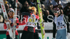 Winner team of Norway with Tom Hilde, Anders Jacobsen, Anders Bardal and Bjoern Einar Romoeren celebrate their medals won in team event of FIS Ski jumping World Cup finals in Planica, Slovenia. Team event of FIS Ski jumping World cup were held in Planica, Slovenia, on K215 ski flying hill on 15th of March, 2008.  <br> FIS Ski jumping World cup finals were held in Planica, Slovenia between 13th and 16th of March 2008.
