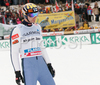 Janne Ahonen of Finland reacts after second jump of last race of FIS Ski jumping World Cup finals in Planica, Slovenia. Last race of FIS Ski jumping World cup was held in Planica, Slovenia, on K215 ski flying hill on 16th of March, 2008.  <br> FIS Ski jumping World cup finals were held in Planica, Slovenia between 13th and 16th of March 2008.
