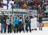 Finnish ski jumping team waiting for coach Tommi Nikunen in outrun of Planica ski flying hill after last race of FIS Ski jumping World Cup finals in Planica, Slovenia. Last race of FIS Ski jumping World cup were held in Planica, Slovenia, on K215 ski flying hill on 16th of March, 2008.  <br> FIS Ski jumping World cup finals were held in Planica, Slovenia between 13th and 16th of March 2008.
