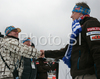 Janne Marvaila (L) saying good bye to their coach Tommi Nikunen (R) in outrun of Planica ski flying hill after last race of FIS Ski jumping World Cup finals in Planica, Slovenia. Last race of FIS Ski jumping World cup were held in Planica, Slovenia, on K215 ski flying hill on 16th of March, 2008.  <br> FIS Ski jumping World cup finals were held in Planica, Slovenia between 13th and 16th of March 2008.
