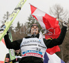 Winner Gregor Schlierenzauer of Austria celebrate his medal won in last race of FIS Ski jumping World Cup finals in Planica, Slovenia. Last race of FIS Ski jumping World cup were held in Planica, Slovenia, on K215 ski flying hill on 16th of March, 2008.  <br> FIS Ski jumping World cup finals were held in Planica, Slovenia between 13th and 16th of March 2008.
