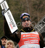 Overall World Cup third placed Janne Ahonen of Finland celebrate his medal won in FIS Ski jumping World Cup finals in Planica, Slovenia. Last race of FIS Ski jumping World cup were held in Planica, Slovenia, on K215 ski flying hill on 16th of March, 2008.  <br> FIS Ski jumping World cup finals were held in Planica, Slovenia between 13th and 16th of March 2008.
