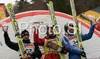 Winner Gregor Schlierenzauer of Austria (M), second placed Adam Malysz of Poland (L) and third placed Dimitry Vassiliev of Russia (R) celebrate their medals won in day 1 of FIS Ski jumping World Cup finals in Planica, Slovenia. First day of FIS Ski jumping World cup finals was held on Friday, 20th of March 2009 in Planica, Slovenia.
