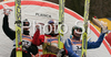 Winner Gregor Schlierenzauer of Austria (M), second placed Adam Malysz of Poland (L) and third placed Dimitry Vassiliev of Russia (R) celebrate their medals won in day 1 of FIS Ski jumping World Cup finals in Planica, Slovenia. First day of FIS Ski jumping World cup finals was held on Friday, 20th of March 2009 in Planica, Slovenia.
