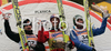 Winner Gregor Schlierenzauer of Austria (M), second placed Adam Malysz of Poland (L) and third placed Dimitry Vassiliev of Russia (R) celebrate their medals won in day 1 of FIS Ski jumping World Cup finals in Planica, Slovenia. First day of FIS Ski jumping World cup finals was held on Friday, 20th of March 2009 in Planica, Slovenia.
