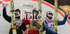 Winner Gregor Schlierenzauer of Austria (M), second placed Adam Malysz of Poland (L) and third placed Dimitry Vassiliev of Russia (R) celebrate their medals won in day 1 of FIS Ski jumping World Cup finals in Planica, Slovenia. First day of FIS Ski jumping World cup finals was held on Friday, 20th of March 2009 in Planica, Slovenia.
