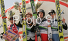 Winner Harri Olli of Finland (M), second placed Adam Malysz of Poland (L) and third placed Robert Kranjec of Slovenia (2nd from R) and Simon Ammann of Switzerland (R) celebrate their medals won in final race of FIS Ski jumping World Cup finals in Planica, Slovenia. Last race of FIS Ski jumping World cup 2008-09 was held on Sunday, 22nd of March 2009 in Planica, Slovenia.
