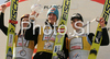 Winner Gregor Schlierenzauer of Austria (M), second placed Harri Olli of Finland (L) and third placed Simon Ammann of Switzerland (R) celebrate their Ski flying overall World Cup medals after final race of FIS Ski jumping World Cup finals in Planica, Slovenia. Last race of FIS Ski jumping World cup 2008-09 was held on Sunday, 22nd of March 2009 in Planica, Slovenia.
