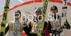 Overall winner Gregor Schlierenzauer of Austria (M), second placed Simon Ammann of Switzerland (L) and third placed Wolfgang Loitzl of Austria (R) celebrate their overall World Cup medals after final race of FIS Ski jumping World Cup finals in Planica, Slovenia. Last race of FIS Ski jumping World cup 2008-09 was held on Sunday, 22nd of March 2009 in Planica, Slovenia.
