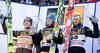 Second placed Simon Ammann of Switzerland, Winner Gregor Schlierenzauer of Austria and third placed Janne Ahonen of Finland at the medal ceremony after they competed in the Final Round of the FIS Ski Jumping World Cup event of the 58th Four Hills ski jumping tournament, on January 3, 2010 in Bergisel, Innsbruck, Austria.
