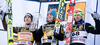 Second placed Simon Ammann of Switzerland, Winner Gregor Schlierenzauer of Austria and third placed Janne Ahonen of Finland at the medal ceremony after they competed in the Final Round of the FIS Ski Jumping World Cup event of the 58th Four Hills ski jumping tournament, on January 3, 2010 in Bergisel, Innsbruck, Austria.
