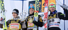 Second placed Simon Ammann of Switzerland, Winner Gregor Schlierenzauer of Austria and third placed Janne Ahonen of Finland at the medal ceremony after they competed in the Final Round of the FIS Ski Jumping World Cup event of the 58th Four Hills ski jumping tournament, on January 3, 2010 in Bergisel, Innsbruck, Austria.
