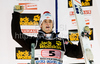 Wolfgang Loitzl celebrates winning third place at the 58th Four Hills ski jumping tournament at the medal ceremony, on January 6, 2010 in Bischofshofen, Austria.
