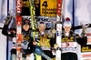Overall second placed Janne Ahonen of Finland, winner Andreas Kofler of Austria and third placed Wolfgang Loitzl of Austria after the 58th Four Hills ski jumping tournament at the medal ceremony, on January 6, 2010 in Bischofshofen, Austria.
