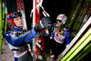 Janne Ahonen of Finland and Bjoern Einar Romoeren of Norway during Trial round of the FIS Ski Jumping World Cup event of the 58th Four Hills ski jumping tournament, on January 6, 2010 in Bischofshofen, Austria. 
