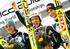 Winner Simon Ammann of Switzerland (M), second placed Gregor Schlierenzauer of Austria (L) and third placed Anders Jacobsen of Norway (R) celebrate their medals won in FIS Ski flying World championships in Planica, Slovenia. Second day of FIS Ski flying World Championships was held on Saturday, 20th of March 2010, in Planica, Slovenia.
