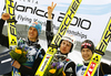 Winner Simon Ammann of Switzerland (M), second placed Gregor Schlierenzauer of Austria (L) and third placed Anders Jacobsen of Norway (R) celebrate their medals won in FIS Ski flying World championships in Planica, Slovenia. Second day of FIS Ski flying World Championships was held on Saturday, 20th of March 2010, in Planica, Slovenia.

