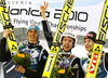 Winner Simon Ammann of Switzerland (M), second placed Gregor Schlierenzauer of Austria (L) and third placed Anders Jacobsen of Norway (R) celebrate their medals won in FIS Ski flying World championships in Planica, Slovenia. Second day of FIS Ski flying World Championships was held on Saturday, 20th of March 2010, in Planica, Slovenia.
