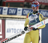 Janne Ahonen of Finland reacts in outrun after his jump during second day of FIS Ski flying World championships in Planica, Slovenia. Second day of FIS Ski flying World Championships was held on Saturday, 20th of March 2010, in Planica, Slovenia.

