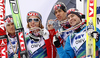 Second placed team of Norway with Bjoern Einar Romoeren, Johan Remen Evensen, Anders Bardal and Anders Jacobsen (from L to R) celebrate their medals won in team event of FIS Ski flying World championships in Planica, Slovenia. Second day of FIS Ski flying World Championships was held on Sunday, 21st of March 2010, in Planica, Slovenia.
