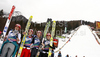 Third placed team of Finland with Matti Hautamaeki, Harri Olli, Janne Happonen and Olli Muotka (from L to R) celebrate their medals won in team event of FIS Ski flying World championships in Planica, Slovenia. Second day of FIS Ski flying World Championships was held on Sunday, 21st of March 2010, in Planica, Slovenia.
