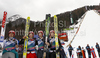 Third placed team of Finland with Matti Hautamaeki, Harri Olli, Janne Happonen and Olli Muotka (from L to R) celebrate their medals won in team event of FIS Ski flying World championships in Planica, Slovenia. Second day of FIS Ski flying World Championships was held on Sunday, 21st of March 2010, in Planica, Slovenia.

