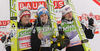 Winner Gregor Schlierenzauer of Austria (M), second placed Thomas Morgenstern of Austria (L) and third placed Martin Koch of Austria (R) celebrate their medals won in day 1 of FIS ski jumping World Cup 2010-2011 finals in Planica, Slovenia. Individual competition on first day of FIS ski jumping World cup finals was held on Friday, 18th of March 2011, in Planica, Slovenia.
