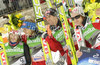 Second placed team of Norway with Anders Bardal, Johan Remen Evensen, Bjoern Einar Romoeren and Tom Hilde celebrate their medals won in day 2 of FIS ski jumping World Cup 2010-2011 finals in Planica, Slovenia. Team competition on second day of FIS ski jumping World cup finals was held on Saturday, 19th of March 2011, in Planica, Slovenia.

