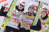 Winner Gregor Schlierenzauer of Austria (M), second placed Martin Koch of Austria (L) and third placed Thomas Morgenstern of Austria (R) celebrate Ski flying World cup overall medal won in FIS ski jumping World Cup 2010-2011. Final race of  FIS ski jumping World cup 2010-2011 was held on Sunday, 20th of March 2011, in Planica, Slovenia.
