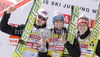 Winner Gregor Schlierenzauer of Austria (M), second placed Martin Koch of Austria (L) and third placed Thomas Morgenstern of Austria (R) celebrate Ski flying World cup overall medal won in FIS ski jumping World Cup 2010-2011. Final race of  FIS ski jumping World cup 2010-2011 was held on Sunday, 20th of March 2011, in Planica, Slovenia.
