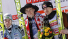 Winner Kamil Stoch of Poland (M), second placed Robert Kranjec of Slovenia (L) and third placed Adam Malysz of Poland (R) celebrate their medals won in competition of day 3 of FIS ski jumping World Cup 2010-2011 finals in Planica, Slovenia. Last individual competition of season on day 3 of FIS ski jumping World cup finals was held on Sunday, 20th of March 2011, in Planica, Slovenia.
