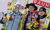 Winner Kamil Stoch of Poland (M), second placed Robert Kranjec of Slovenia (L) and third placed Adam Malysz of Poland (R) celebrate their medals won in competition of day 3 of FIS ski jumping World Cup 2010-2011 finals in Planica, Slovenia. Last individual competition of season on day 3 of FIS ski jumping World cup finals was held on Sunday, 20th of March 2011, in Planica, Slovenia.
