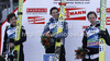 Winner Robert Kranjec of Slovenia (middle), second placed Simon Ammann of Switzerland (left) and third placed Martin Koch of Austria (right) celebrate their medals won in the Flying hill Individual competition of FIS World cup ski jumping  finals in Planica, Slovenia. Flying hill Individual competition FIS World ski jumping finals was held on Friday, 16th of March 2012, in Planica, Slovenia.
