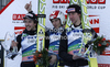 Winner Robert Kranjec of Slovenia (middle), second placed Simon Ammann of Switzerland (left) and third placed Martin Koch of Austria (right) celebrate their medals won in the Flying hill Individual competition of FIS World cup ski jumping  finals in Planica, Slovenia. Flying hill Individual competition FIS World ski jumping finals was held on Friday, 16th of March 2012, in Planica, Slovenia.
