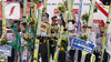 Winner team of Austria (middle), second placed team of Norway (left) and third placed team of Germany (right)  celebrate their medals won in the Flying hill team competition of FIS World cup ski jumping  finals in Planica, Slovenia. Flying hill Team competition FIS World ski jumping finals was held on Saturday, 17th of March 2012, in Planica, Slovenia.
