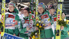 Second placed team of Norway celebrates their medals won in the Flying hill team competition of FIS World cup ski jumping  finals in Planica, Slovenia. Flying hill Team competition FIS World ski jumping finals was held on Saturday, 17th of March 2012, in Planica, Slovenia.
