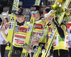 Winner team of Austria celebrates their medals won in the Flying hill team competition of FIS World cup ski jumping  finals in Planica, Slovenia. Flying hill Team competition FIS World ski jumping finals was held on Saturday, 17th of March 2012, in Planica, Slovenia.
