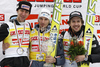 Winner Robert Kranjec of Slovenia (middle), second placed Martin Koch of Austria (left) and third placed Simon Ammann of Switzerland (right) celebrate their medals won in the overall classification of the Flying hill competition of FIS World cup ski jumping  finals in Planica, Slovenia. Flying hill Individual  competition FIS World ski jumping finals was held on Sunday, 18th of March 2012, in Planica, Slovenia.
