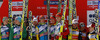 Winning team of Slovenia, second placed team of Norway and third placed team of Austria celebrate their medals won in team competition on day 2 in FIS Ski jumping World cup finals in Planica, Slovenia. Team competition of FIS ski jumping World cup finals was held on HS215 ski flying hill in Planica, Slovenia, on Saturday, 23rd of March 2013.
