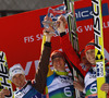 Winning team of Slovenia with Andraz Pograjc (L), Jurij Tepes (2nd from L), Primoz Prevc (2nd from R) and Robert Kranjec (R) celebrate their victory in team competition on day 2 in FIS Ski jumping World cup finals in Planica, Slovenia. Team competition of FIS ski jumping World cup finals was held on HS215 ski flying hill in Planica, Slovenia, on Saturday, 23rd of March 2013.

