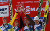 Winning team of Slovenia with Andraz Pograjc (L), Jurij Tepes (2nd from L), Primoz Prevc (2nd from R) and Robert Kranjec (R) celebrate their victory in team competition on day 2 in FIS Ski jumping World cup finals in Planica, Slovenia. Team competition of FIS ski jumping World cup finals was held on HS215 ski flying hill in Planica, Slovenia, on Saturday, 23rd of March 2013.

